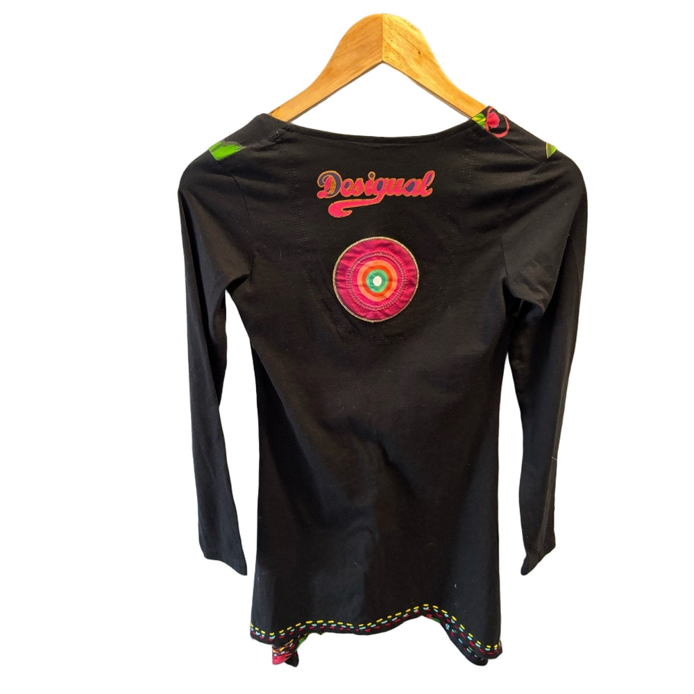 DESIGUAL Floral Print Sequin Embroidered Asymmetric Long Sleeve XS Tunic Top NEW - Picture 2 of 11